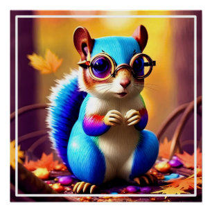 Cute Blue Squirrel with Glasses-56786 Poster