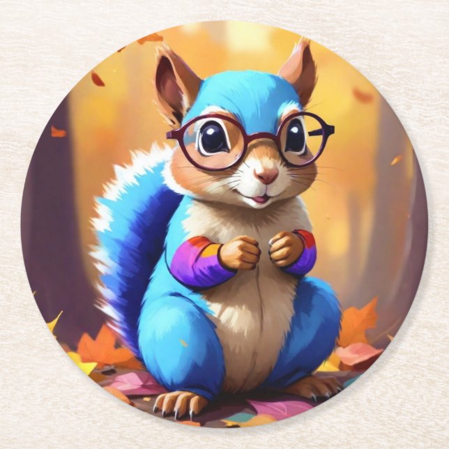 Cute Blue Squirrel with Glasses-56786 Round Paper Coaster (Front)
