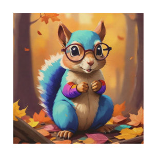 Cute Blue Squirrel with Glasses-56786 Wood Wall Art