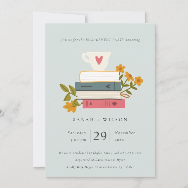 Cute Blue Stacked Books Floral Engagement Invite (Front)