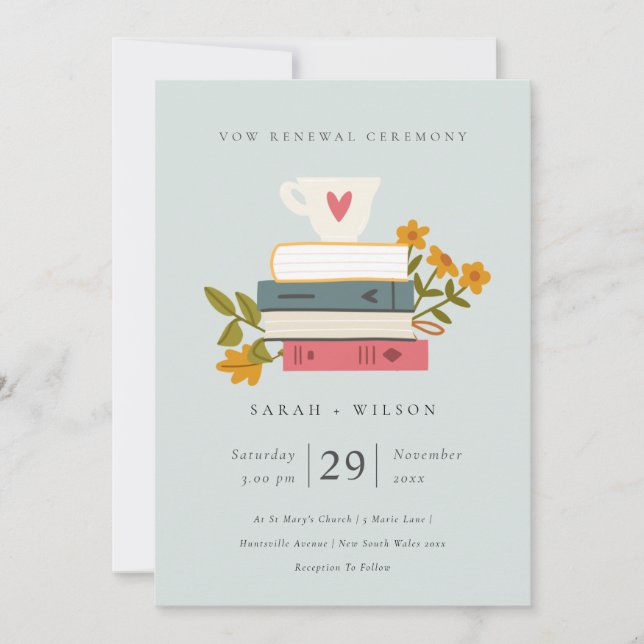 Cute Blue Stacked Books Floral Vow Renewal Invite (Front)