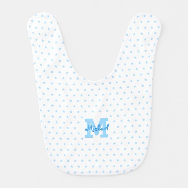 Cute Blue Stars Monogrammed White Toddler Newborn Baby Bib (Front)