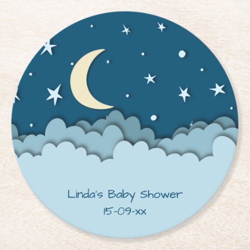 Cute Blue Stars Night Baby Shower Round Paper Coaster