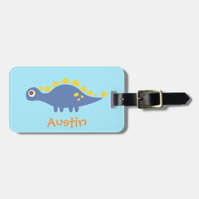 Cute Blue Stegosaurus Dinosaur Kids Personalized Luggage Tag (Front Horizontal)