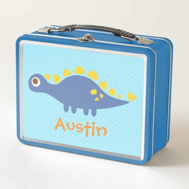 Cute Blue Stegosaurus Dinosaur Kids Personalized Metal Lunch Box (Front)