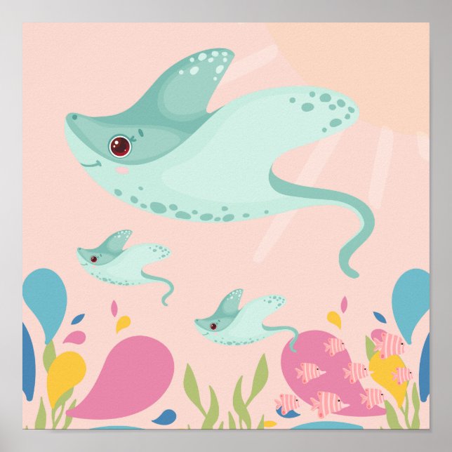 Cute blue stingray in pink ocean scene, poster (Front)
