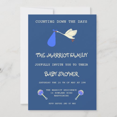 Cute Blue Stork And Rattles Baby Boy Shower  Invit Invitation