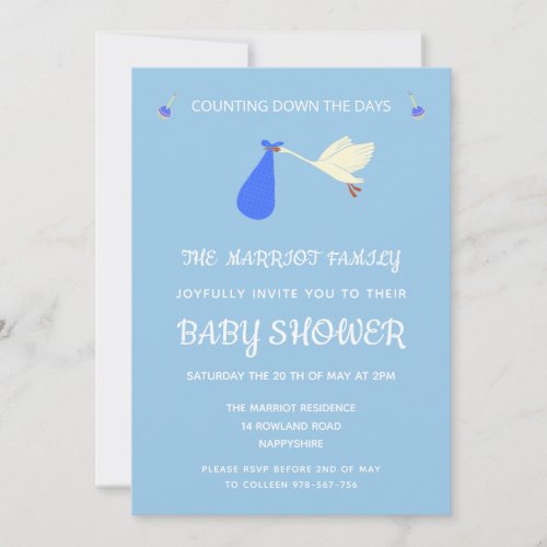 Cute Blue Stork And Rattles Baby Boy Shower Invitation