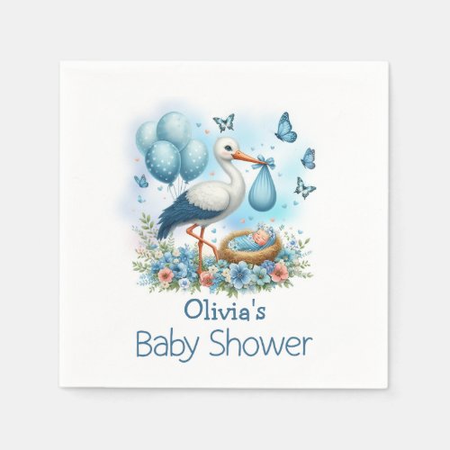 Cute Blue Stork Boy Baby Shower Napkins