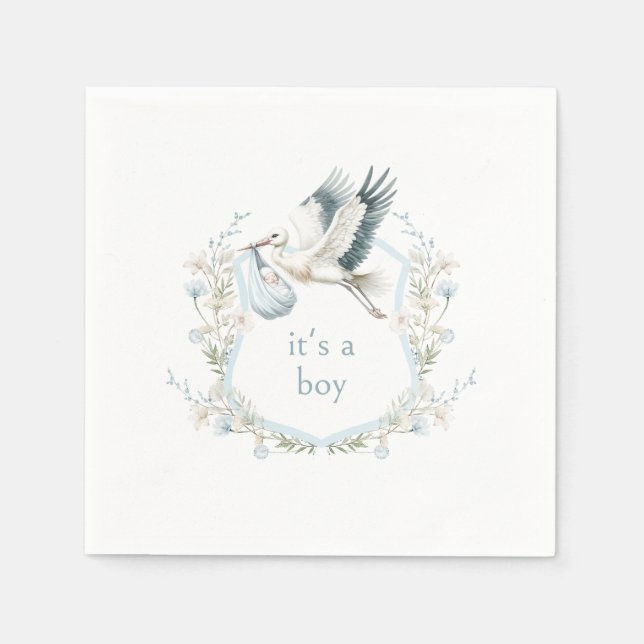 Cute Blue Stork Crest Baby Shower It's a Boy Napkins (Front)