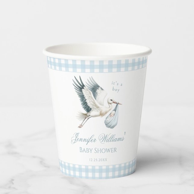 Cute Blue Stork Delivery Baby Boy Shower Paper Cups (Back)