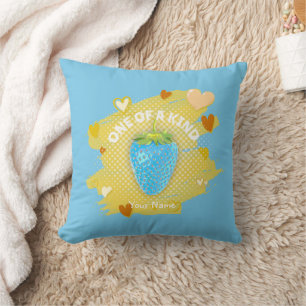 Cute Blue Strawberry Hearts One Of A Kind Yellow Throw Pillow