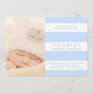 CUTE BLUE STRIPE BIRTH ANNOUNCEMENT PHOTOCARD