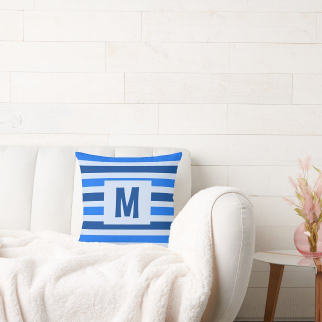 Cute Blue Striped Design Single Initial Throw Pillow (Couch)