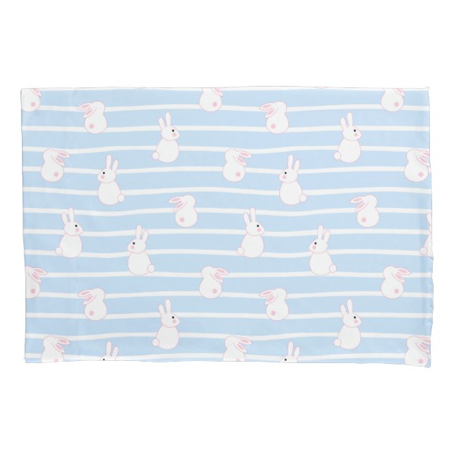 Cute Blue Striped Rabbit Pattern Pillow Case (Front-Left)