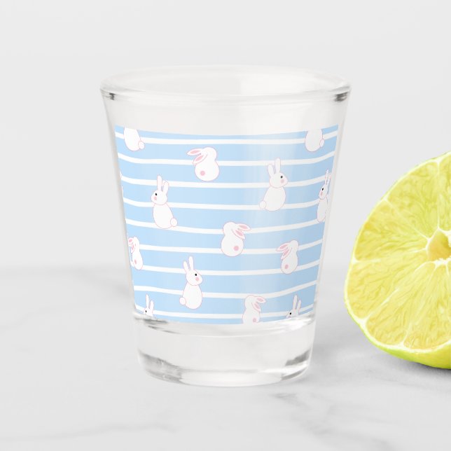 Cute Blue Striped Rabbit Pattern Shot Glass (Front)