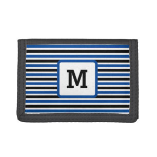 Cute Blue Stripes Custom Single Initial Black Trifold Wallet