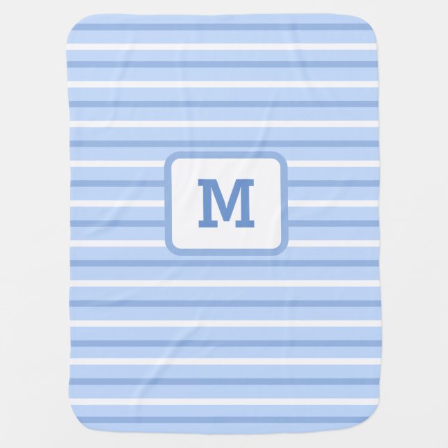 Cute Blue Stripes Custom Single Initial White Baby Blanket (Front)