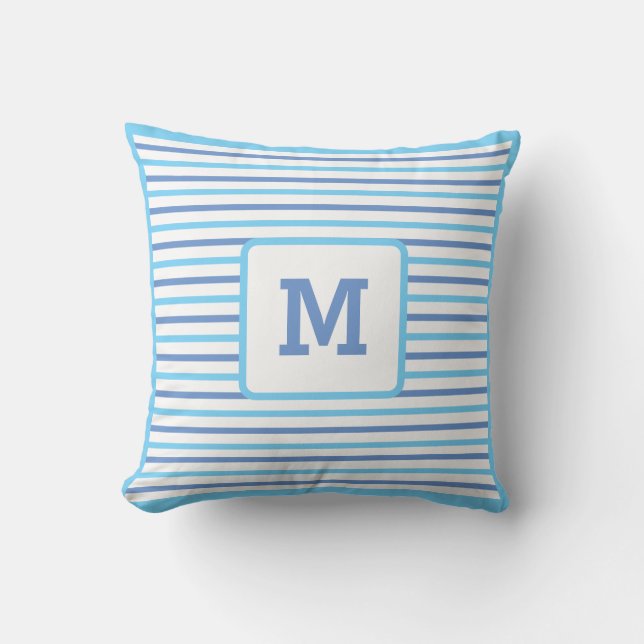 Cute Blue Stripes Custom Single Initial White Thro Throw Pillow (Front)
