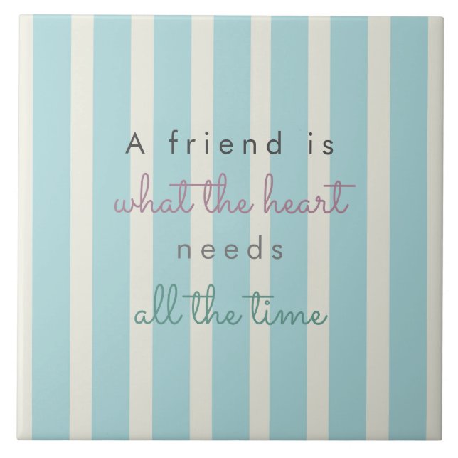 cute blue stripes friendship quote hand lettering ceramic tile (Front)