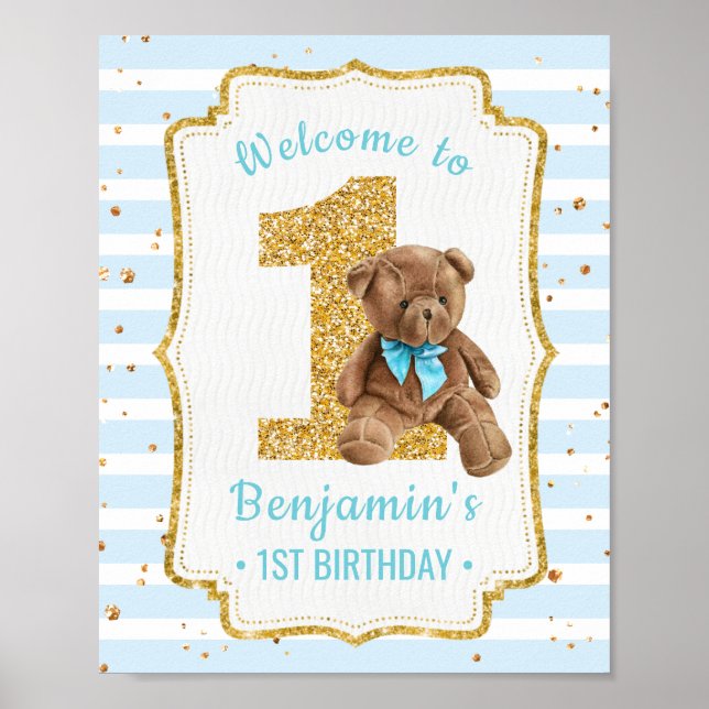 Cute Blue Strips Teddy Bear 1st Birthday Poster (Front)