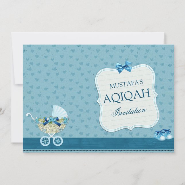 Cute Blue Stroller Baby Boy Aqiqah Invitation (Front)
