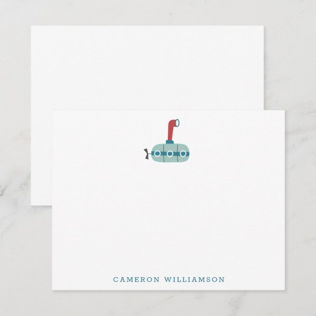 Cute Blue Submarine Boat Personalized Stationery Thank You Card (Front/Back)