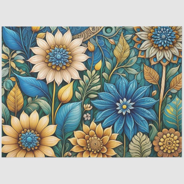 Cute Blue Sunflower Garden Abstract Art Decoupage Tissue Paper (Front)