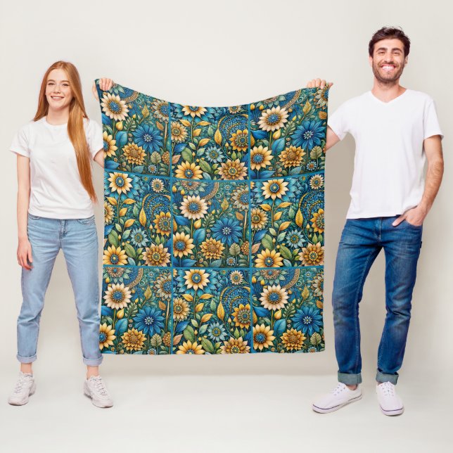 Cute Blue Sunflower Garden Quilt Pattern Fleece Blanket (In Situ)