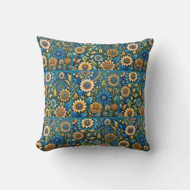 Cute Blue Sunflower Garden Quilt Pattern Throw Pillow (Front)