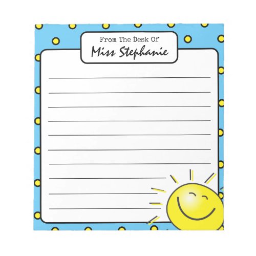 Cute Blue Sunshine Smile Face From Teacher  Notepad