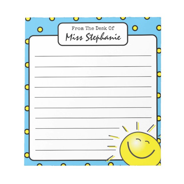 Cute Blue Sunshine Smile Face From Teacher  Notepad (Front)