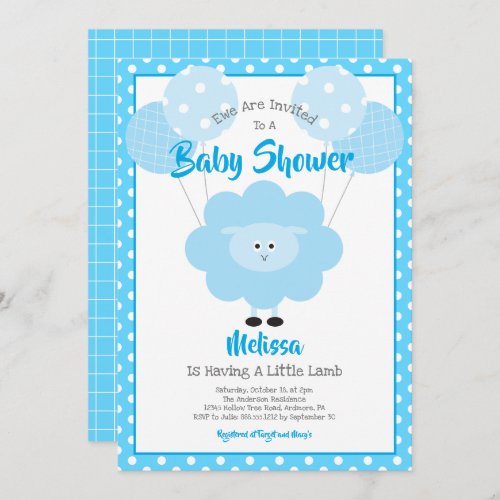 Cute Blue Sweet Lamb Simple Modern Baby Shower Invitation