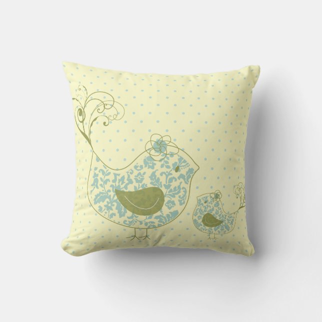 Cute Blue Swirly Mom & Baby Bird Whimsical Damask Throw Pillow (Front)