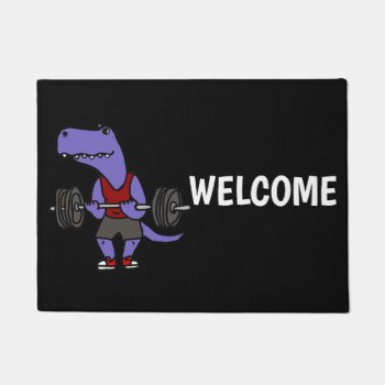 Cute Blue T-rex Dinosaur Weightlifter Doormat by inspirationrocks at Zazzle