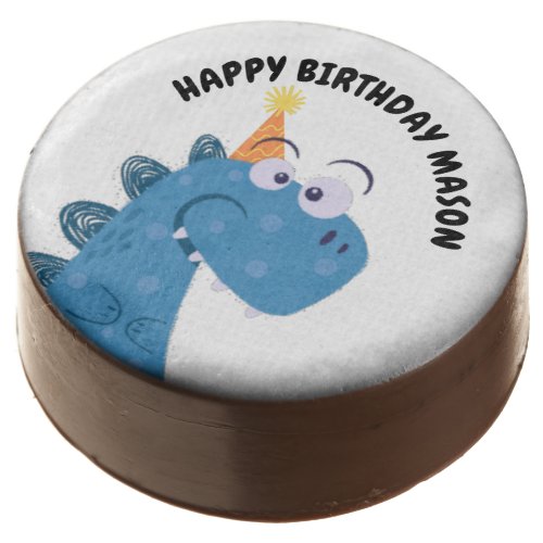 Cute Blue T_Rex Happy Birthday with Name Chocolate Covered Oreo