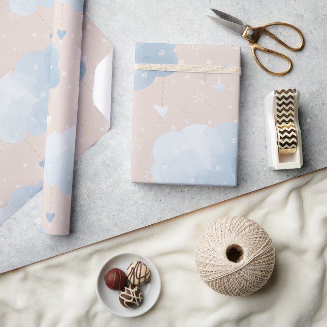 Cute Blue Taupe Clouds Balloons Stars Boy Gift Wrapping Paper (Crafts)