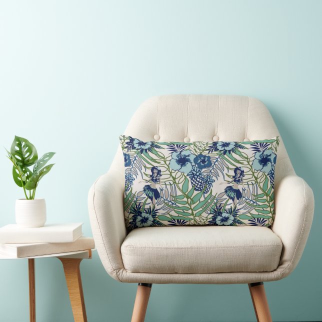 Cute Blue Teal Turquoise Green Hawaiian Floral Lumbar Pillow (Chair)