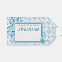 Cute Blue &amp; Teal Watercolor Octopus Baby Boy Gift Tags