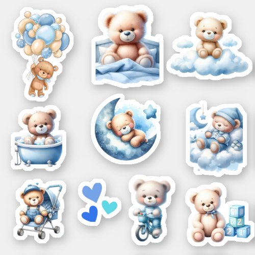 Cute Blue Teddy Baby Boy Shower Sticker