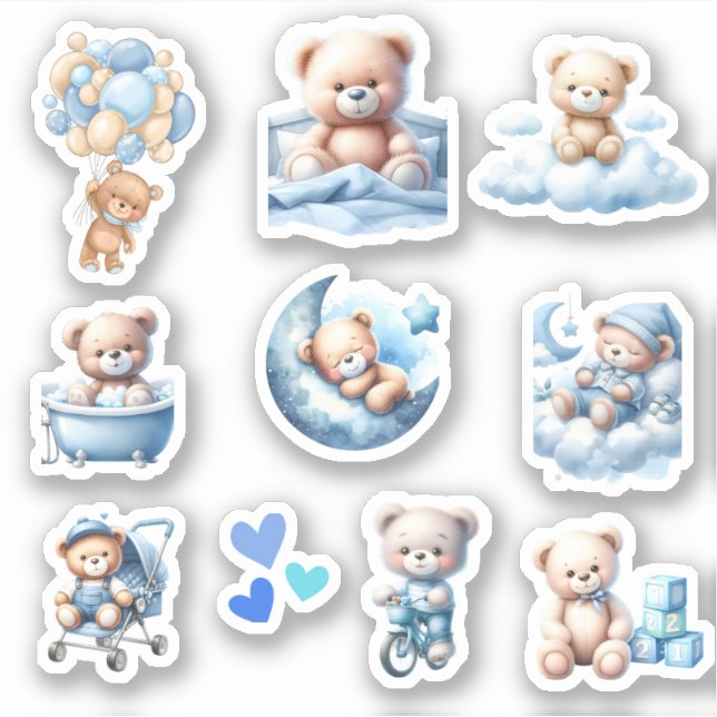 Cute Blue Teddy Baby Boy Shower Sticker (Front)