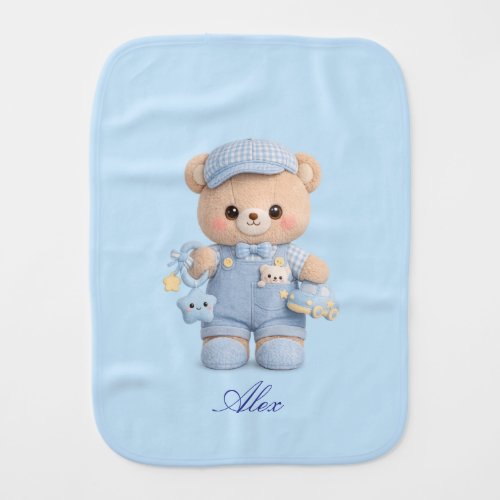 Cute Blue Teddy Baby Burp Cloth Boy Gift Set