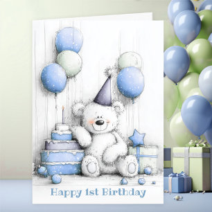 Cute Blue Teddy Bear 1st Birthday Card