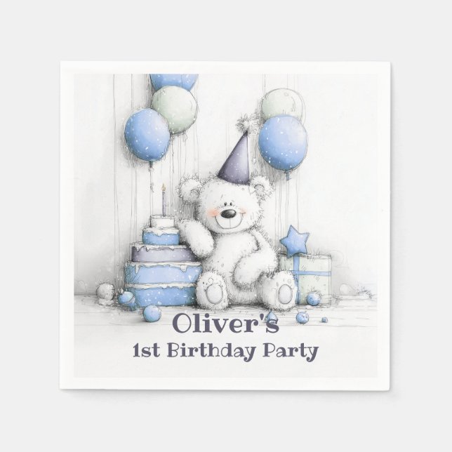Cute Blue Teddy Bear 1st Birthday Party Napkins (Front)