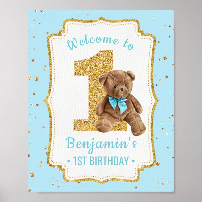 Cute Blue Teddy Bear 1st Birthday Poster (Front)