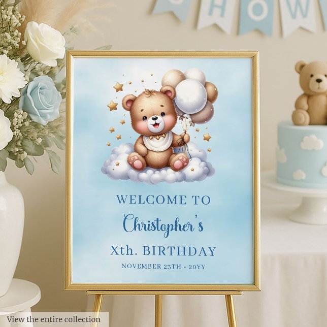 Cute Blue Teddy Bear 1st Birthday Welcome Foam Board (Cute Blue Teddy Bear 1st Birthday Welcome)