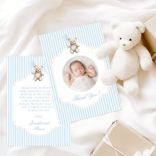 Cute Blue Teddy Bear Baby Boy Shower Photo Thank You Card