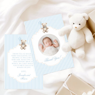 Cute Blue Teddy Bear Baby Boy Shower Photo Thank You Card