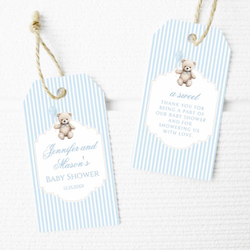 Cute blue teddy bear baby boy shower thank you gift tags