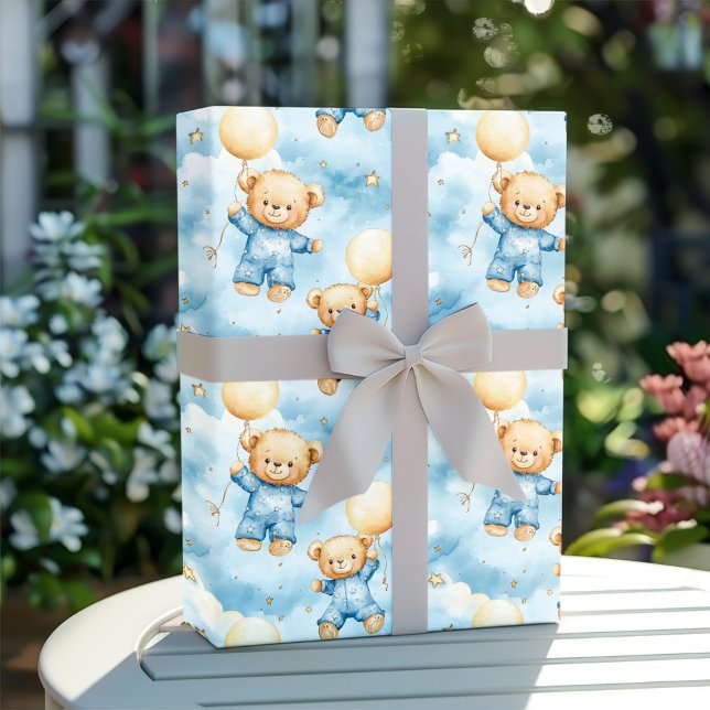Cute Blue Teddy Bear Baby Boy Shower Wrapping Paper (Creator Uploaded)